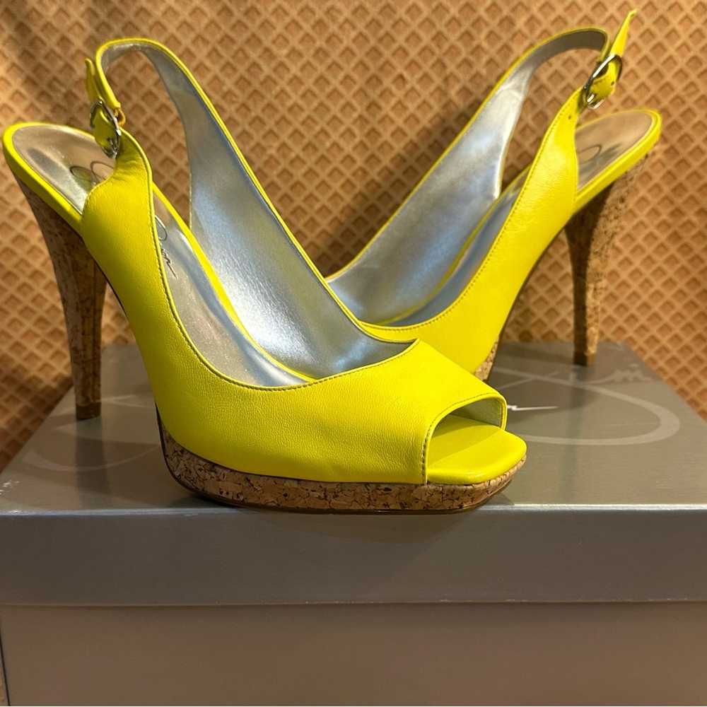 Jessica Simpson Yellow Leather Peep Toe Slingback Pumps with Cork Heel